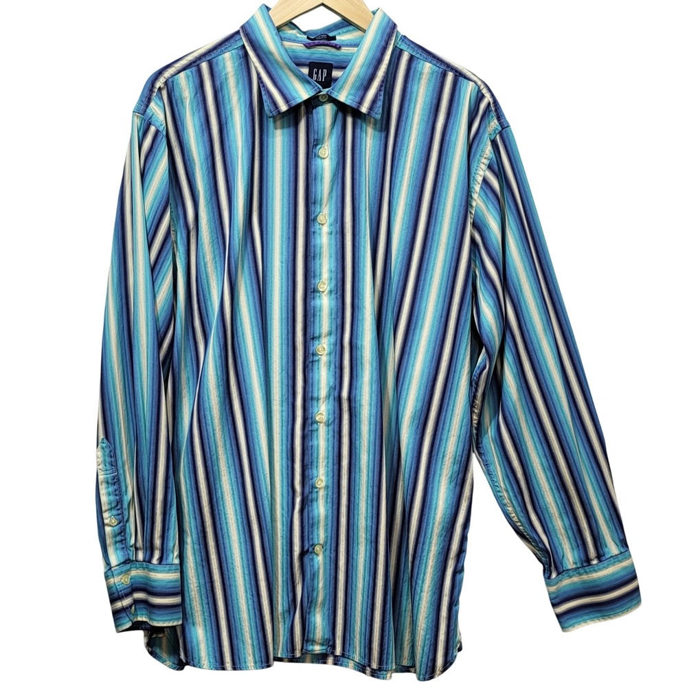 GAP‎ Mens Fitted Premium Blue Striped Long Sleeve Button Down Shirt XXL 18-18.5